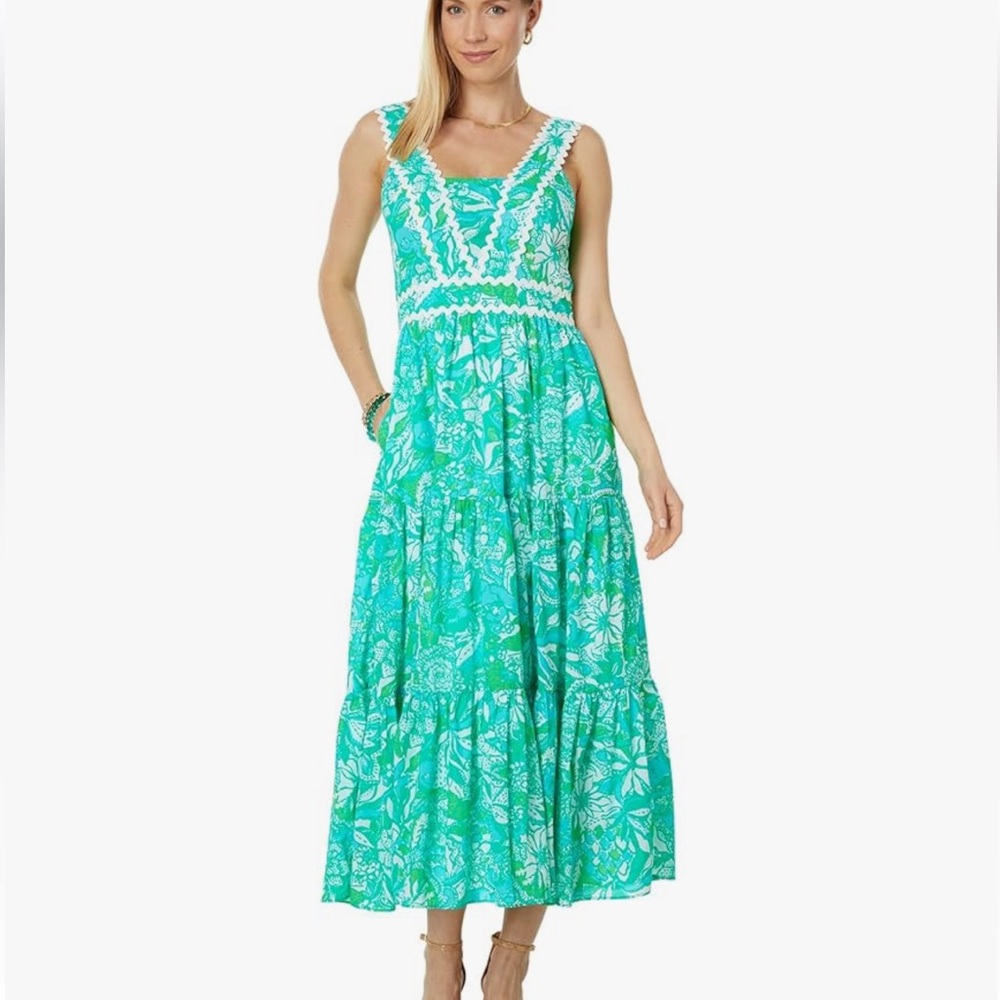 Lilly Pulitzer Pollie Cotton Midi Dress in Botanical Green Safari Print.
